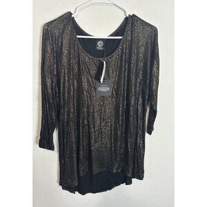 Bobeau Metallic Shimmer Black/Gold 3/4 Sleeve Tunic Top Shirt Size Large